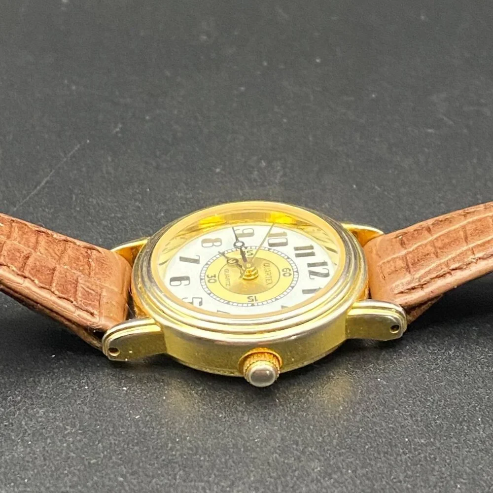 Quartex Delta Impex Womens Watch Gold Tone Case Brown Leather Band New Battery
